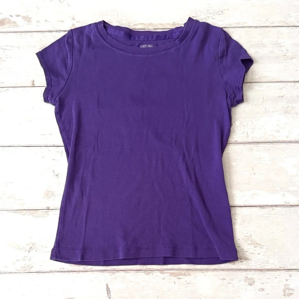 Cherokee Size 8 Girls Purple Short Sleeve Shirt Basic Tee 100% Cotton
